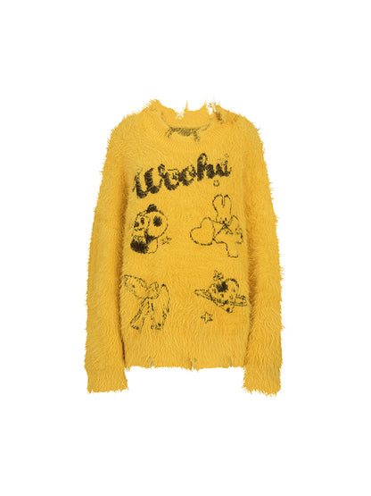 Fluffily Damage Character Oversize Loose Mohair-Knit