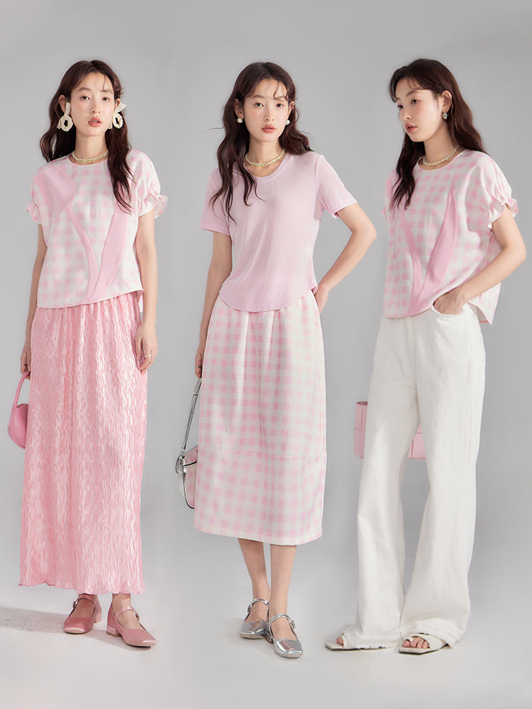 Checked Tulip Girly Candy-Sleeve Blouse＆Long-Skirt