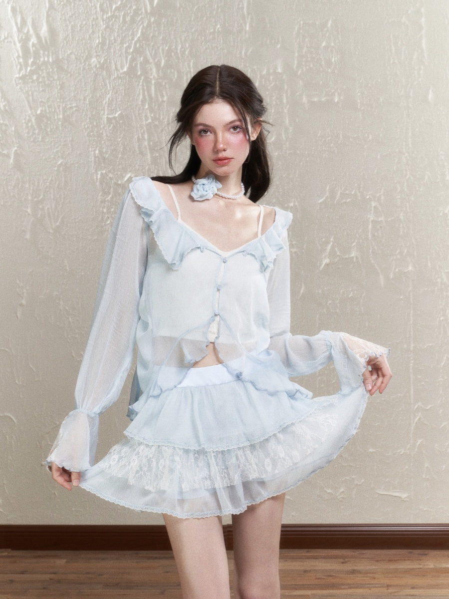 Sheer Frill Lace Feminine Blouse&amp;Mini-Skirt