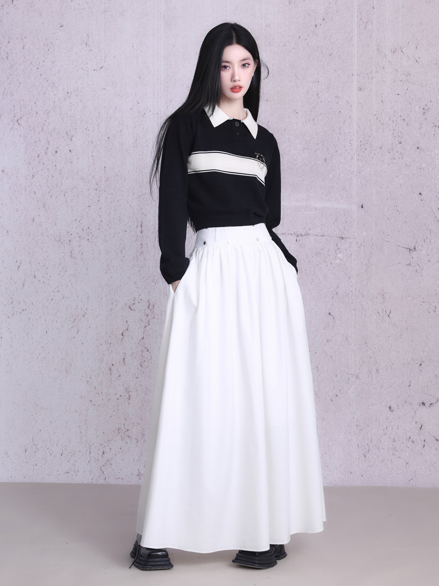 Polo-Neck Retro Monotone Knit&amp;Long-Skirt