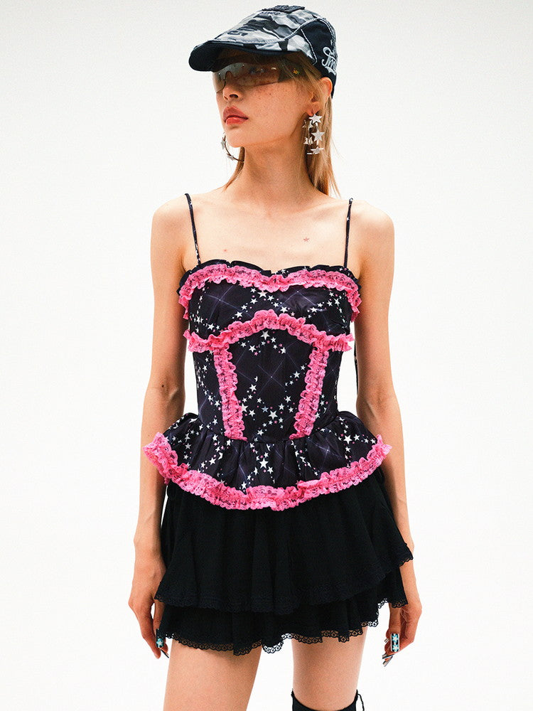 Star Checked Frill Peplum Fancy Bustier Camisole