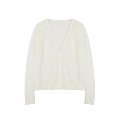 V-Neck Flower Embroidery Sheer Flower Knit Cardigan