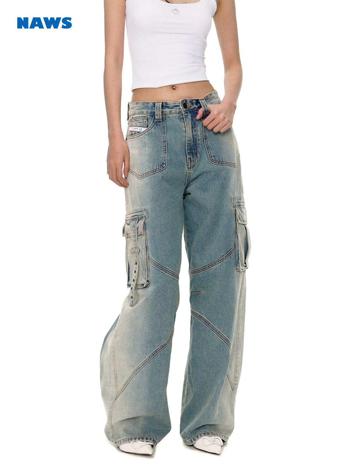 Denim Wide-Leg Straight Casual Side-Pocket Belt Pants