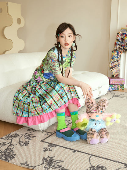 Checked Frill Embroidery Animal Layered Fancy Flare-Skirt