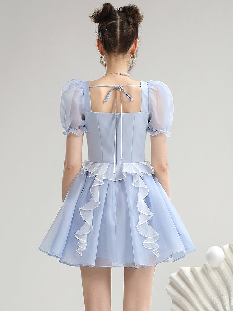 Ciffon Princess Sheer Puff-Sleeve Frill Refreshing Short One-Piece