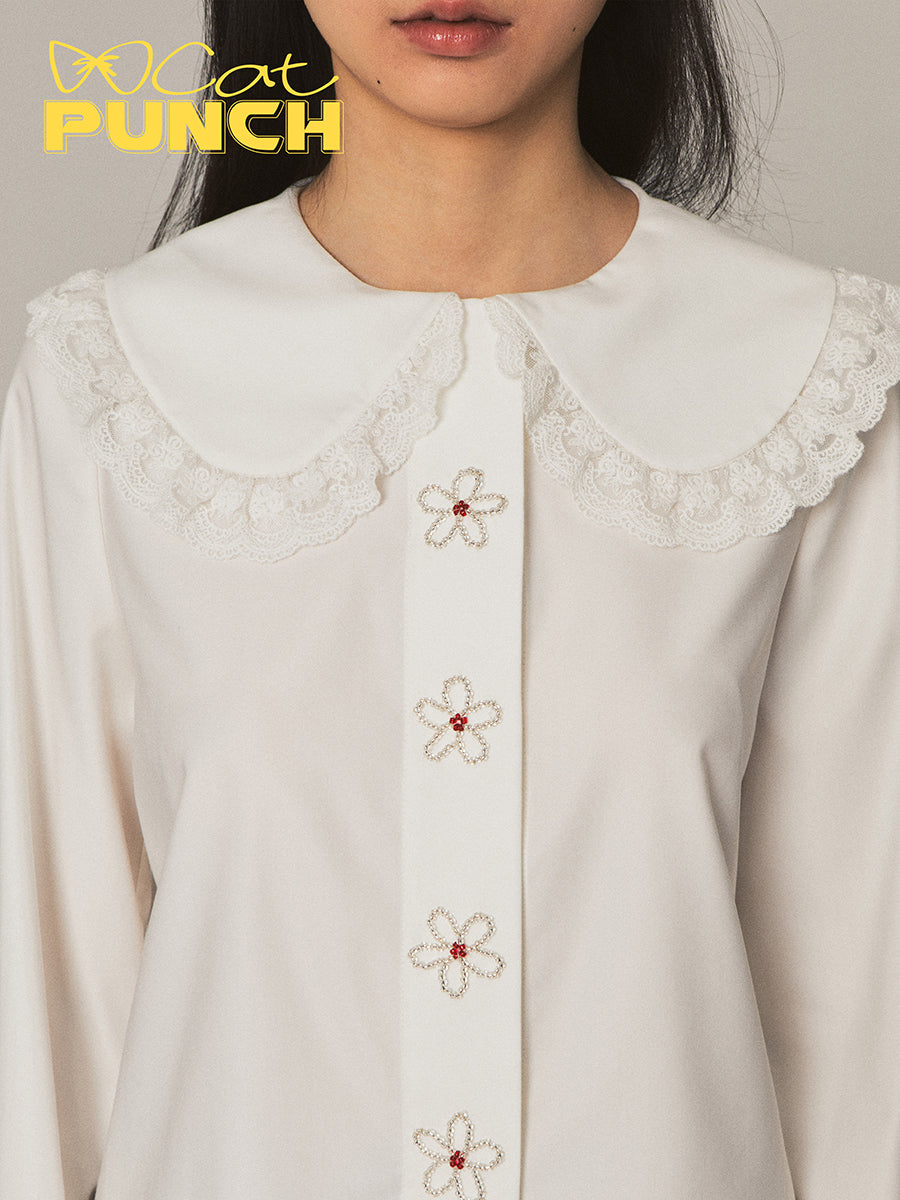 Lace Flower Cute Frill Girly Long-Sleeve Blouse