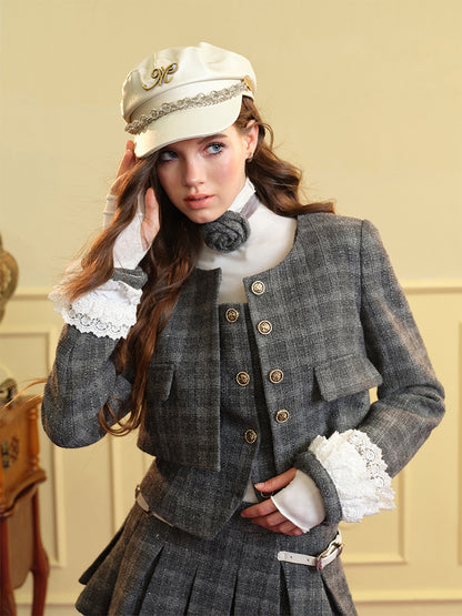 Veste mignonne féminine en dentelle en tweed et mini-jupe et jupe longue