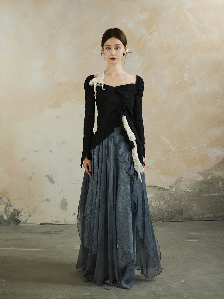 Asymmetry Romantic Ciffon Volume Flare Elegant Fluffily Long-Skirt