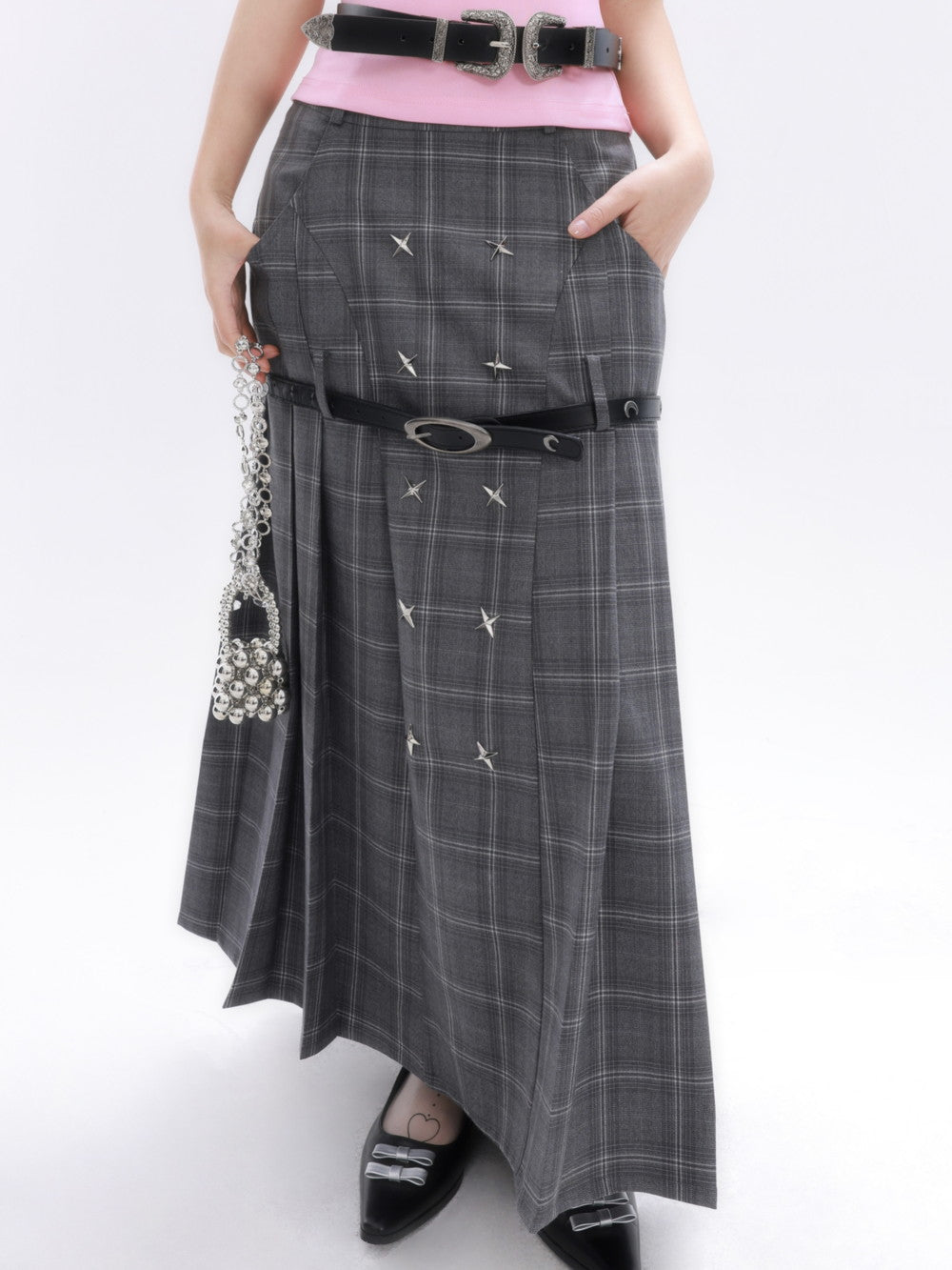 Checked Long Pleats Belt Flare-Skirt