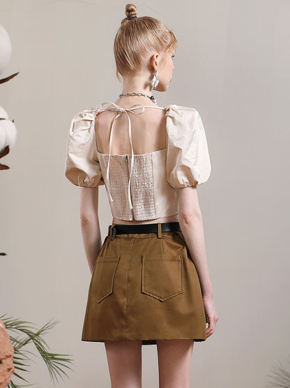 Puff-sleeve Back-open Asymmetry Blouse