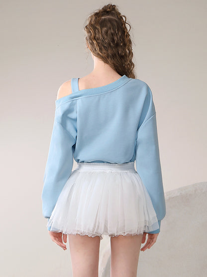 Set-up Sweat Opne-Shoulder Rose Belt Cute Pullover＆Tulle-Skirt