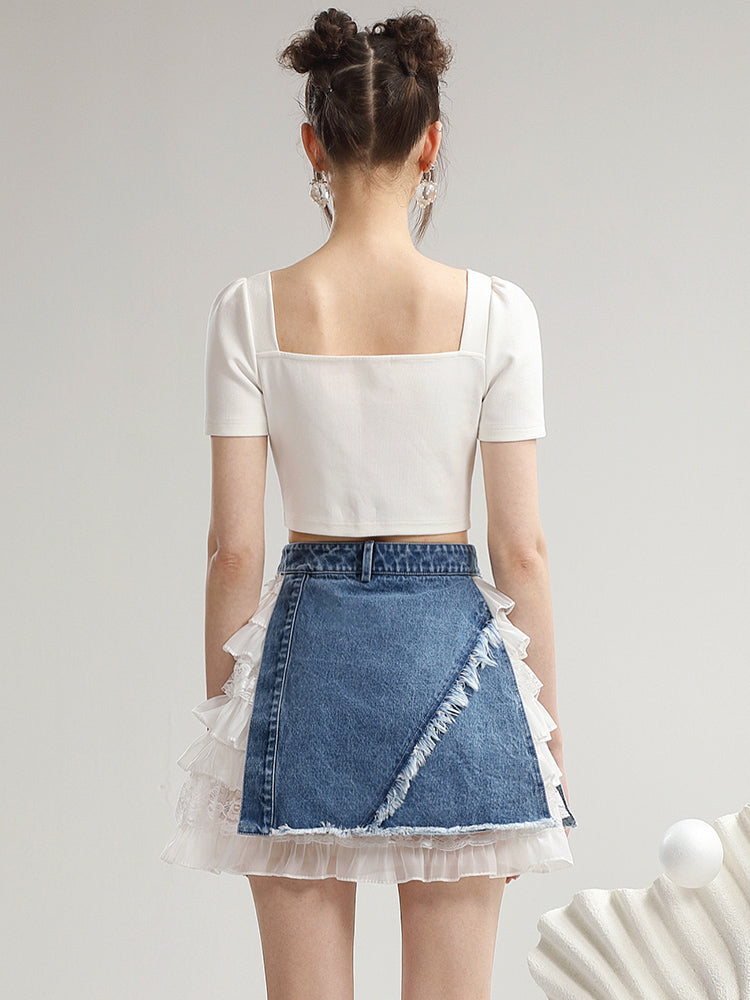 Set-Up Ribbon Lace Tiered Cake Casual Short-Tops＆Mini-Skirt