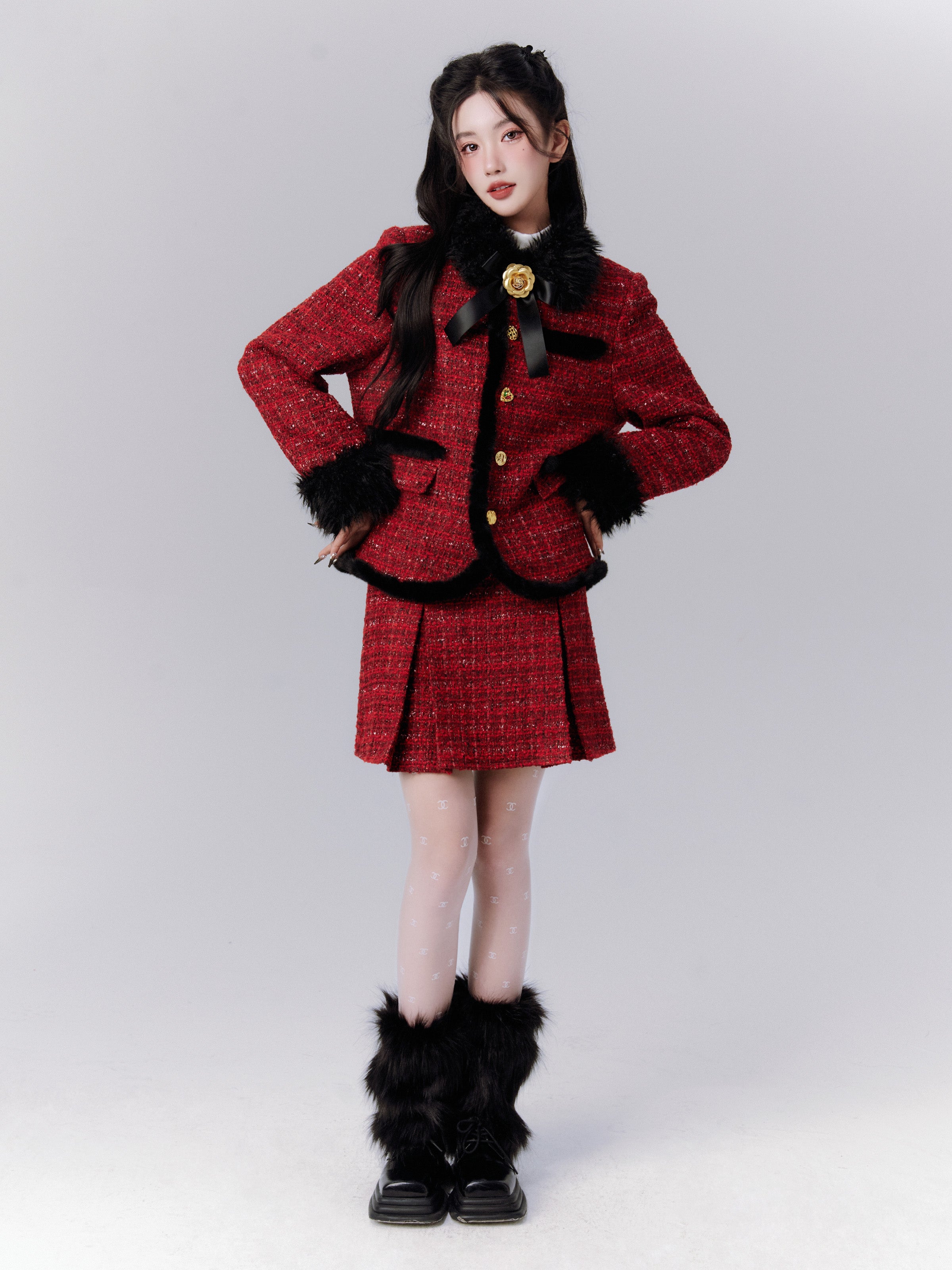 Wool Checked Retro Girly Suit Fur Ribbon Set-Up Jacket＆Mini-Skirt