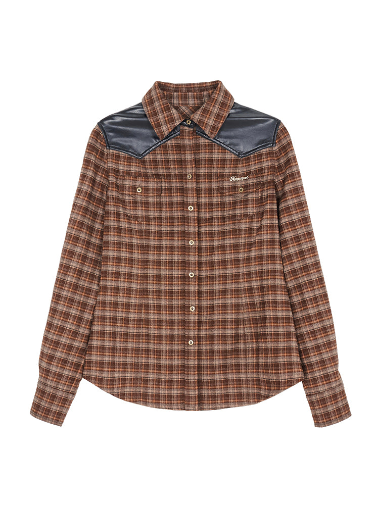 Leather-Mix Checked Retro Casual Flannel-Shirt