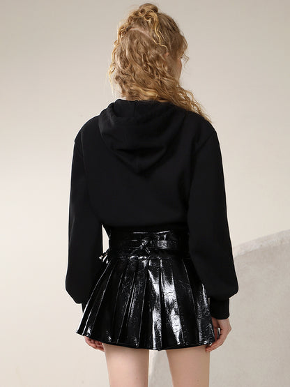 Leather Glossy Short Flare High-Waist Pleats-Skirt