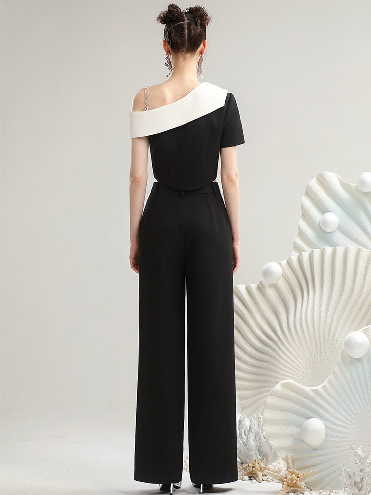 Set-Up Chic Monotone Asymmetry Coll Suit Short-Tops&amp;Wide-Pants