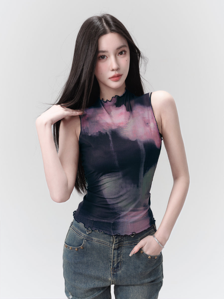 Tie-Dye Mellowno-Sleeve Marble Ciffon Tops