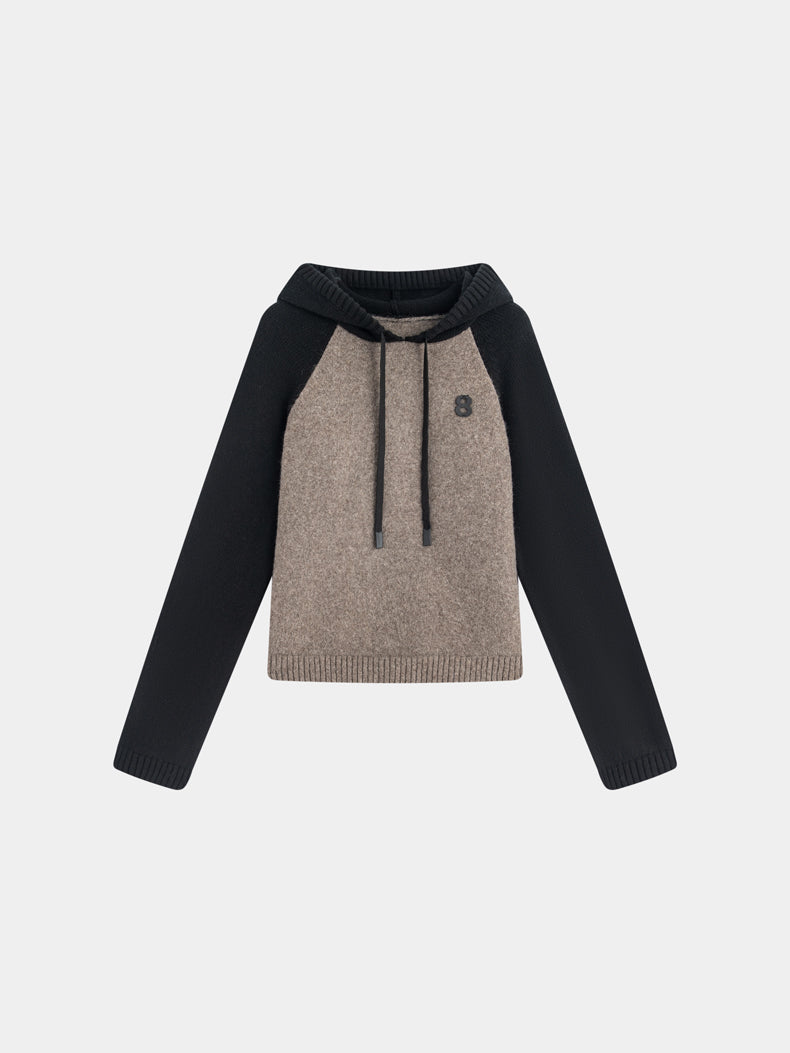 Knit Hoddie Bi-Color Simple Parlka Wool-Tops