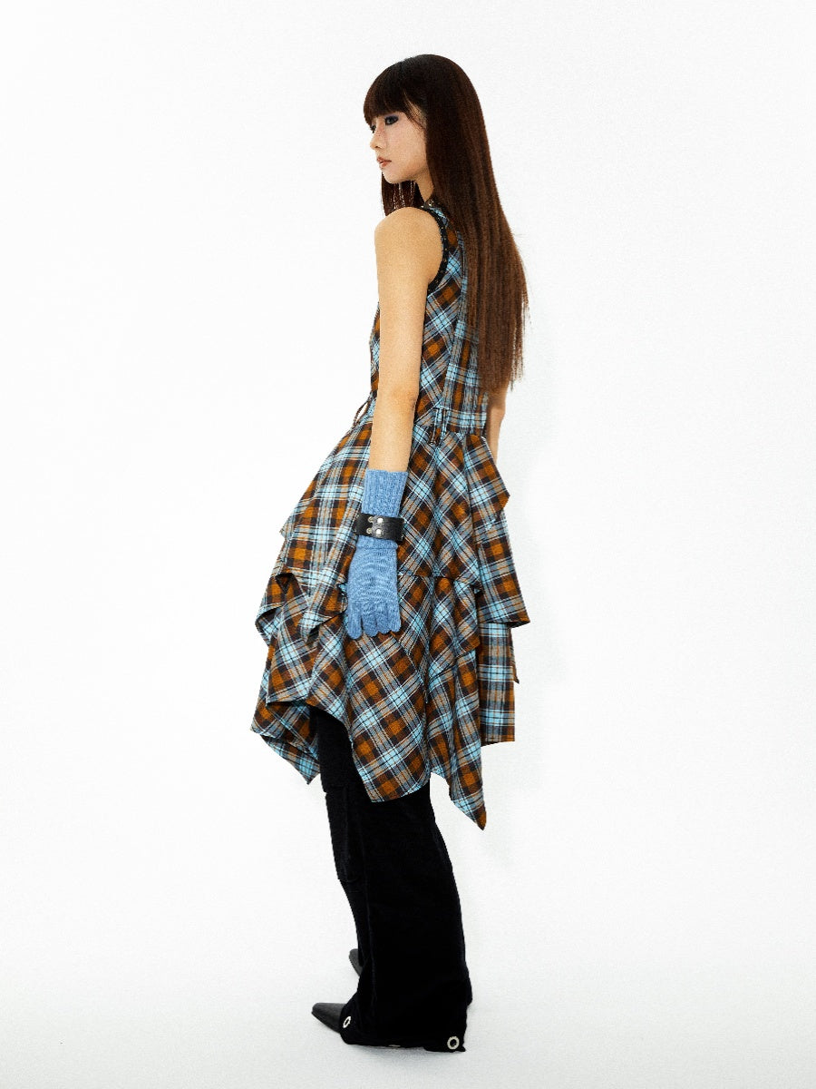 Checked Asymmetry Hem-Skirt Fluffiy One-Piece