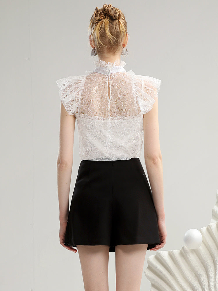 Set-Up Chic Scallop Tiered Feminine Lace-Blosue&amp;Mini-Skirt