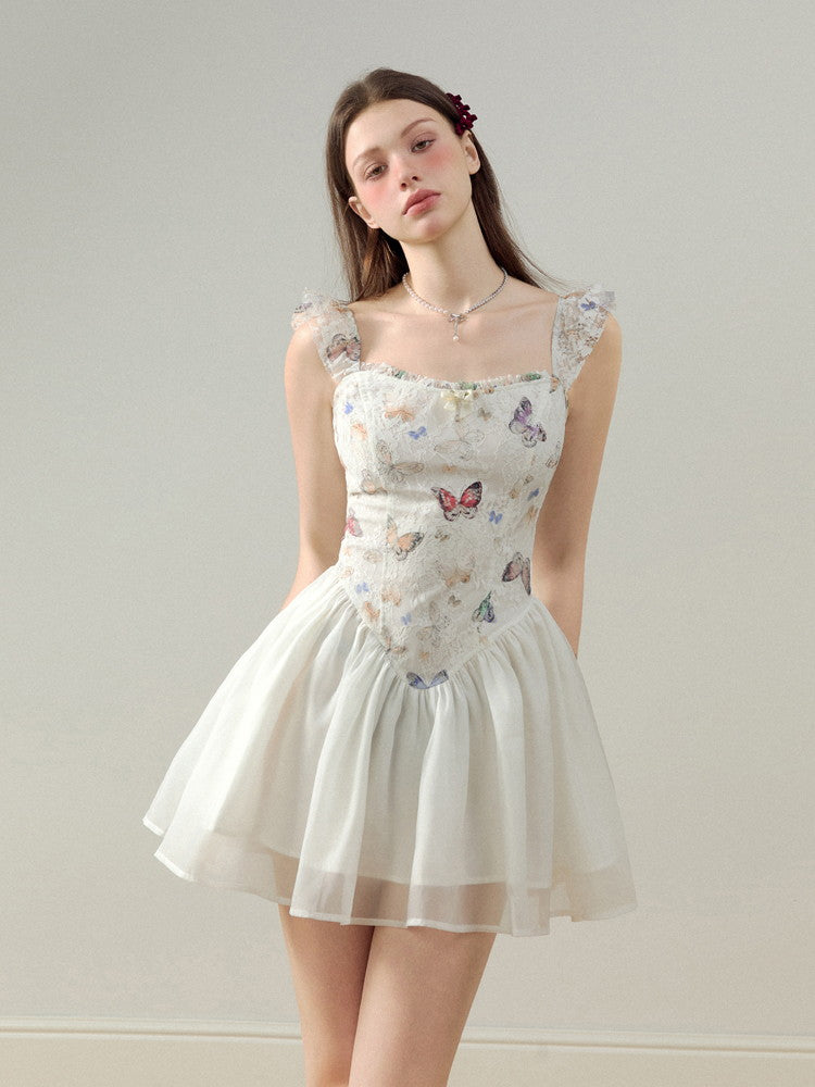 Embroidery Butterfly Lace Ribbon Ciffon Ceminine Fluffily Short Dress