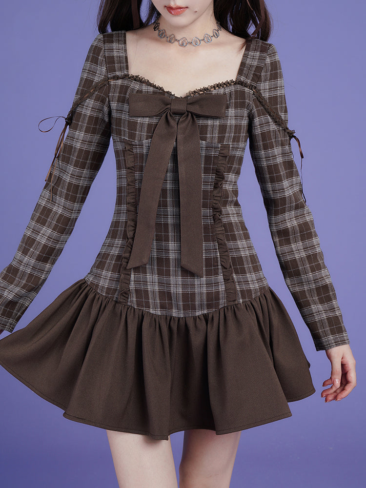 Checked Girly Ribbon Gather Girly Slimone-Piece