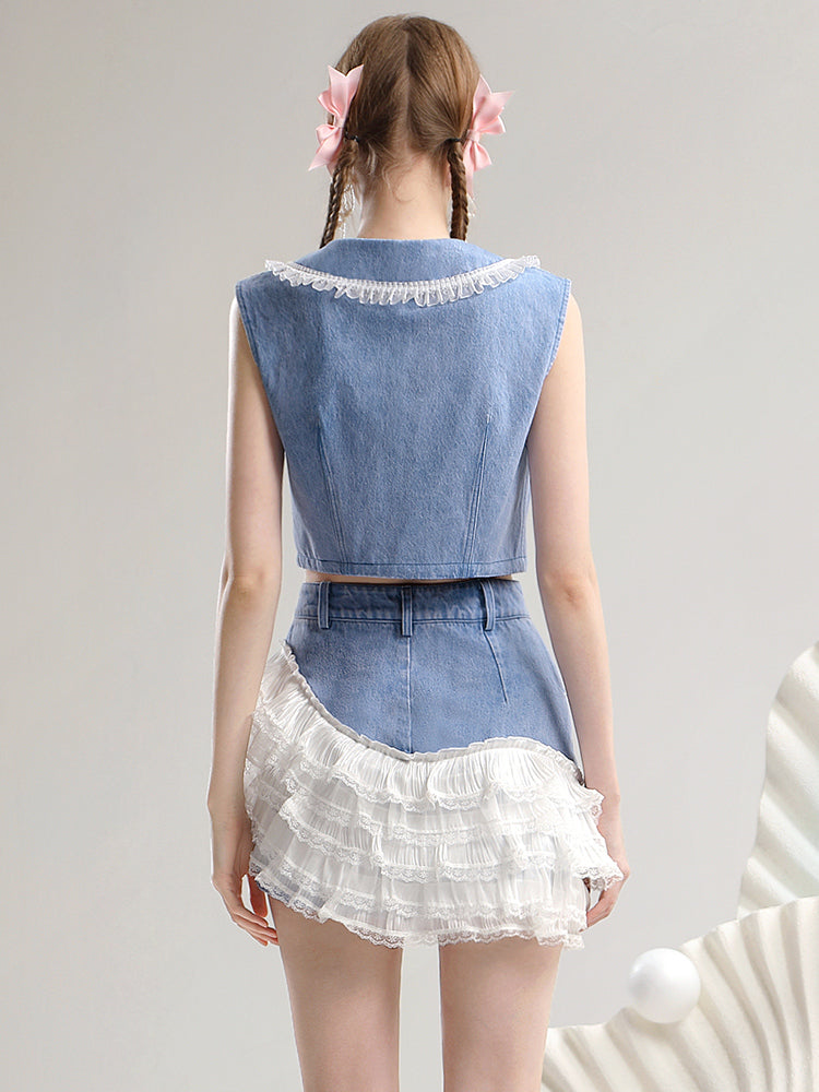 Set-Up Denim Lace Short Casual Tiered Asymmetry Tops&amp;Mini-Skirt
