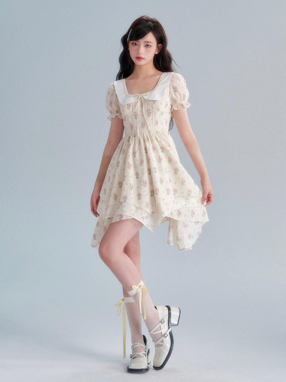 Flower Puff-sleeve Asymemtry Retro One-piece