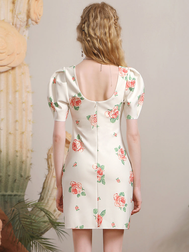 Rose Classy Feminine Dress Puff-Sleeve One-Piece