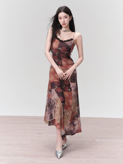 Asymmetry Camisole Lace Flower Slim Long One-Piece