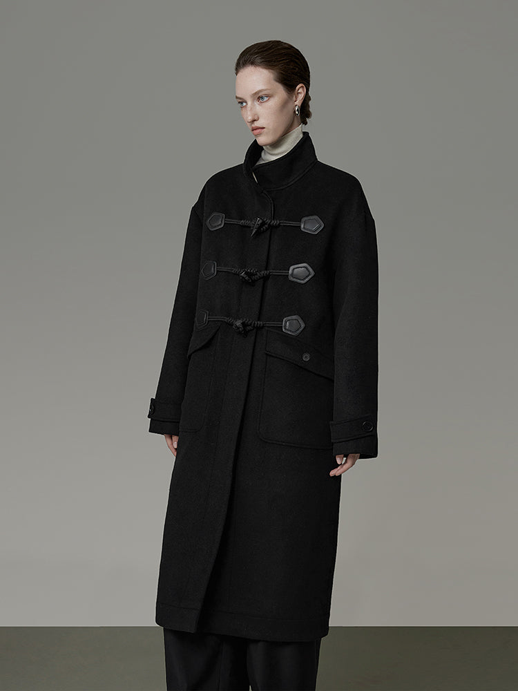 Wool Long Simple Stand-Collar Duffel-Coat