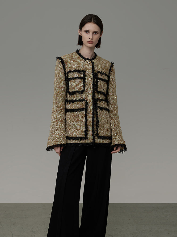 Bi-Color Tweed Fringe Formal High-End No-Collar-Jacket