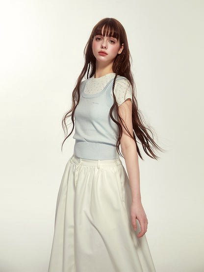 Embroidery Elastic-Waist Flare Simple Long-Skirt