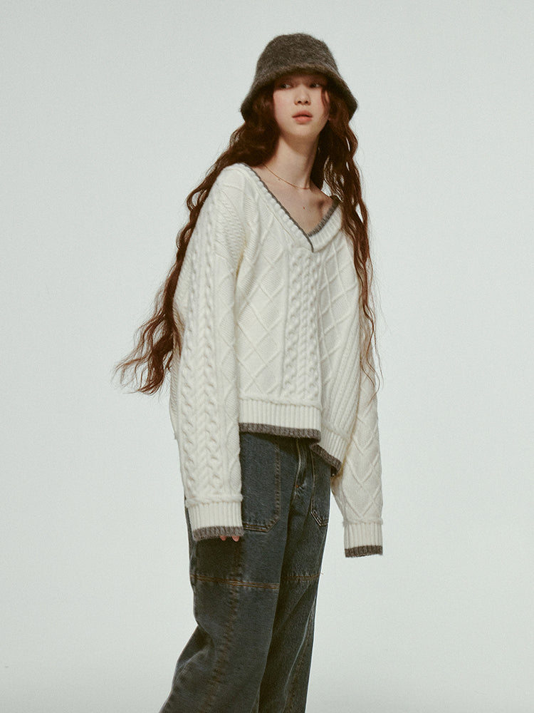 Oversize V-Neck Casual Loose Bi-Color Cable-Knit