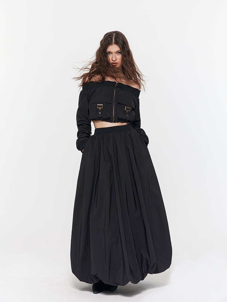 Off-Shoulder Damage Balloon Toops&amp;Long-Skirt