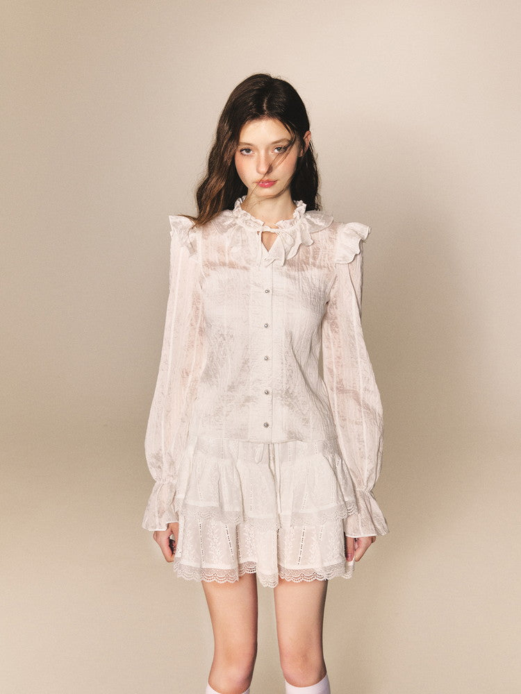 Feminine Frill Candy-Sleeve Ribbon Lace Blouse