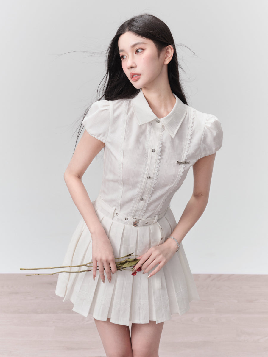 Puff-Sleeve Belt Lace Short Pleats Shirt-One-Piece