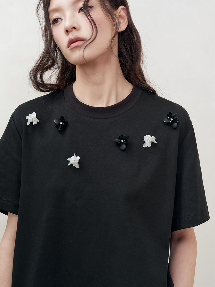 Beads Crew-Neck Crystal Flower Nichi T-Shirt