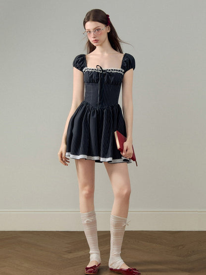 Stripe Square-Neck Puff-Sleeve Lace Girly Flare Dress