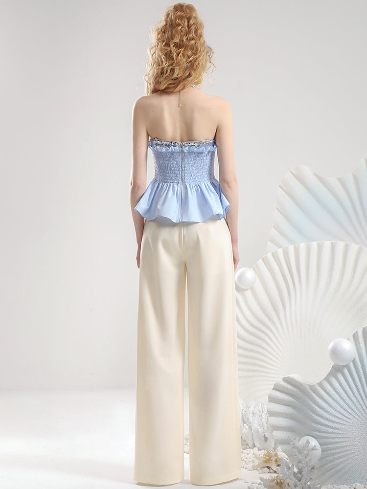 Set-Up Peplum Gather Casual Butterfly Frill Lace Camisole＆Wide-Pants