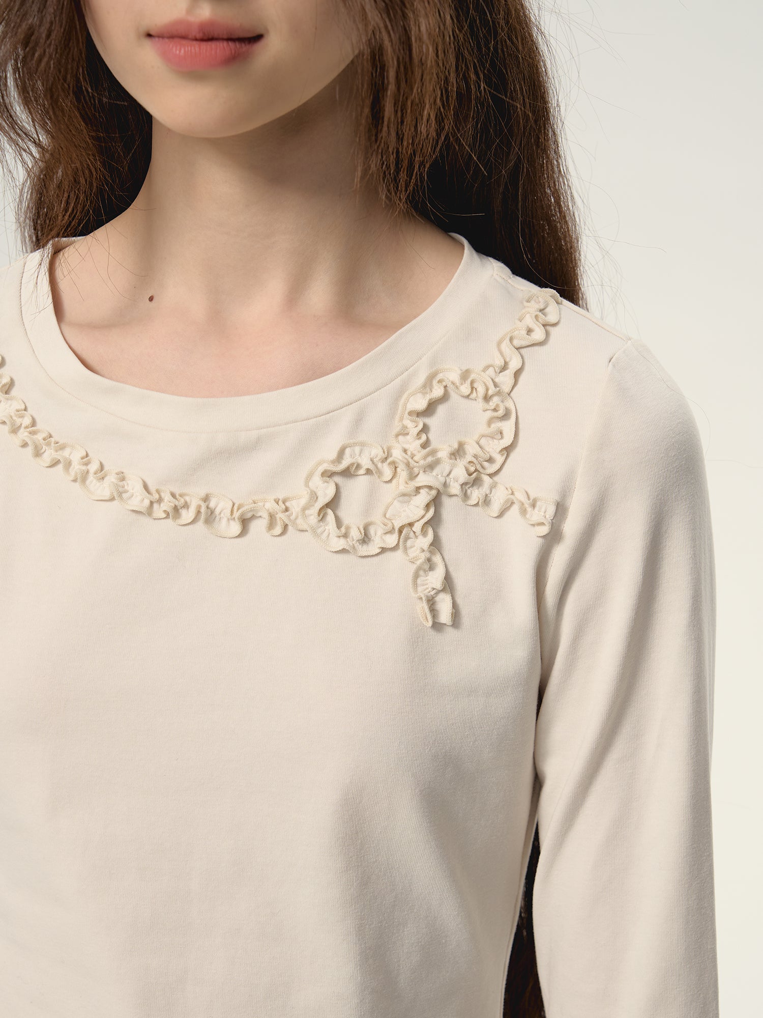 Ribbon Frill Round-Neck Natural Simple Cutsew