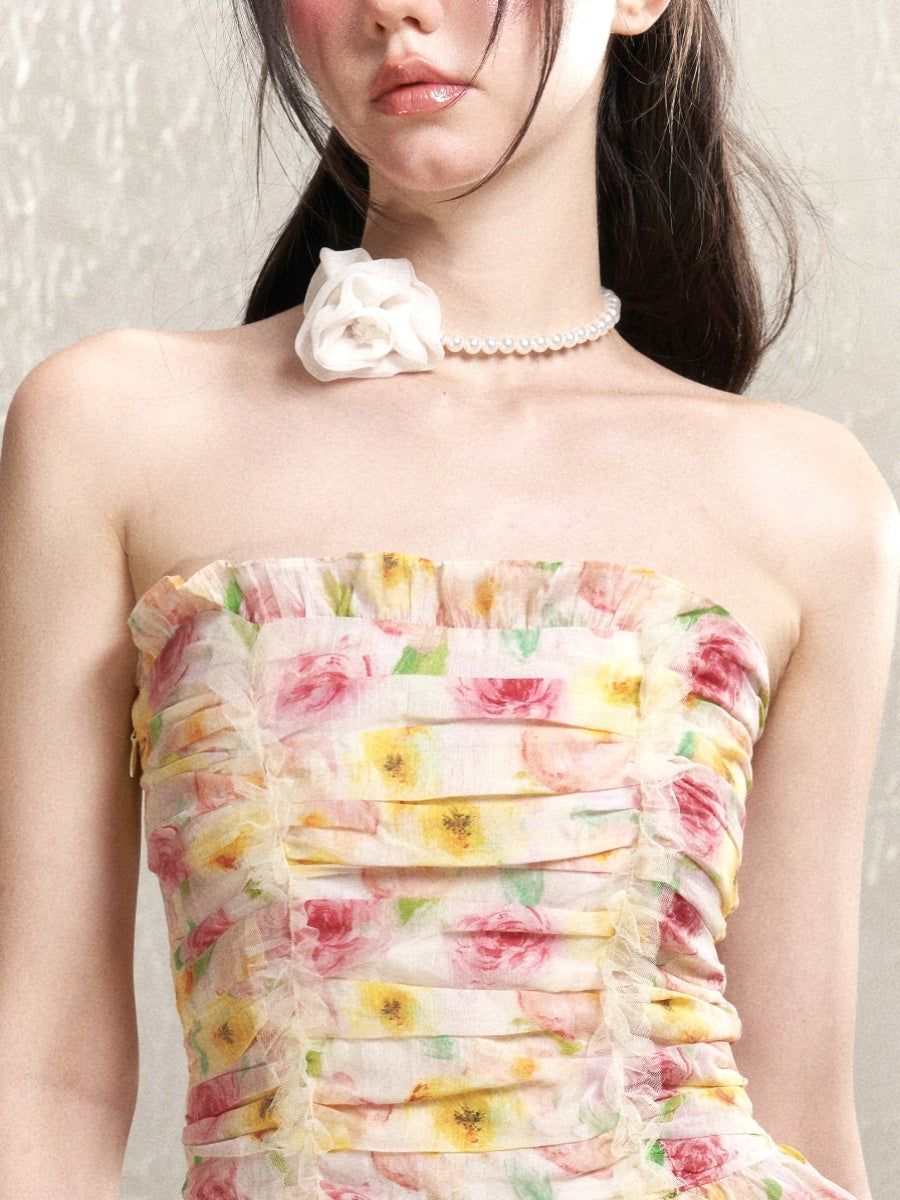 Flower Rose Colorful Gather Tube-Top&amp;Mini-Skirt