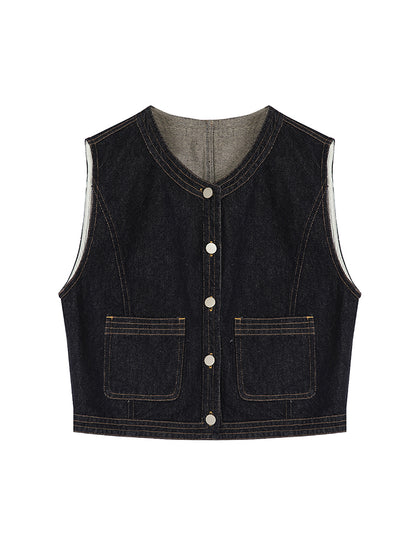 Denim Stitch Casual Sl;eeveless Vest Gilet