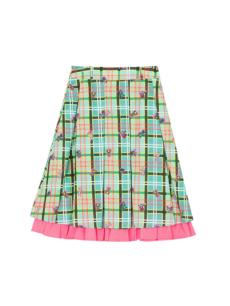 Checked Frill Embroidery Animal Layered Fancy Flare-Skirt