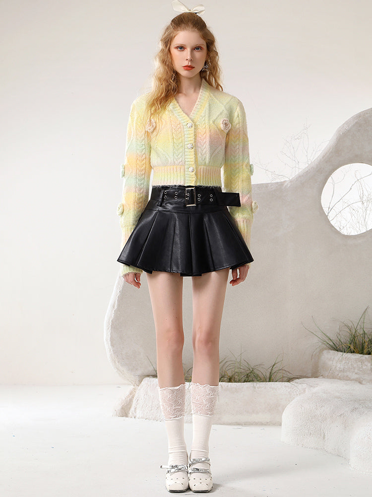 Flower V-Neck Gradation Fancy Pale-Tone Cotton-Candy Knit Short-Cardigan