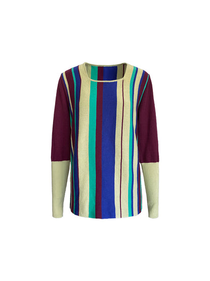 Long-Cuff Stripe Retro Chic Square-Neck Knit