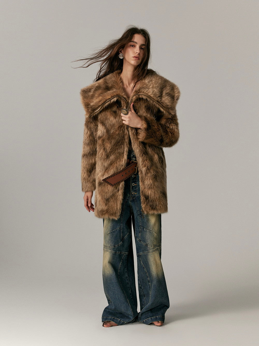 Elegant Long Occasion High-End Big-Collar Fur-Coat