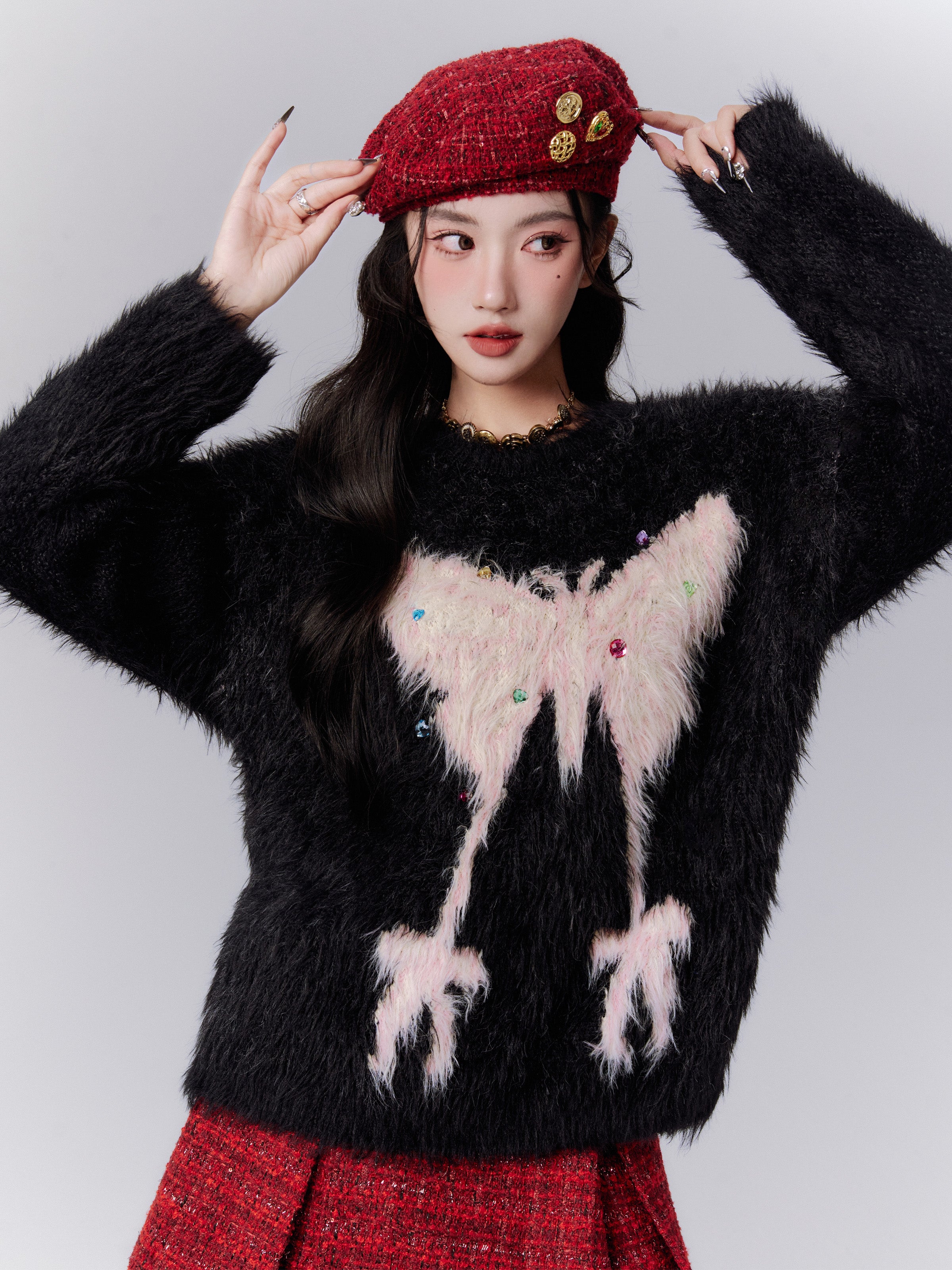 Butterfly Modern Fluffily Round-Neck Chic Bijou Rhinestone Mohair-Knit