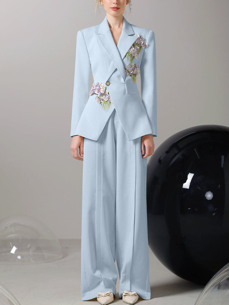 Jacket&amp;Wide-Pants Suit 3D Flower Elegant Nichi Set-Up