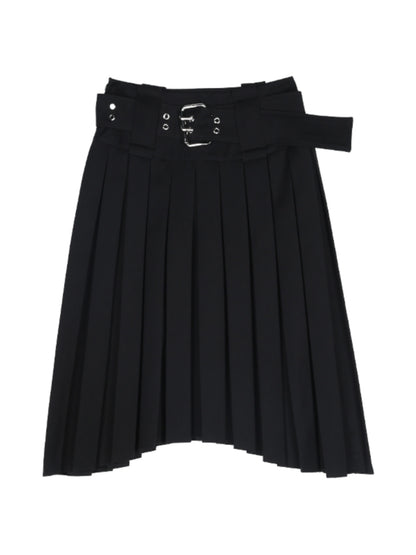 Pleats Asymmetry Belt Long-Skirt